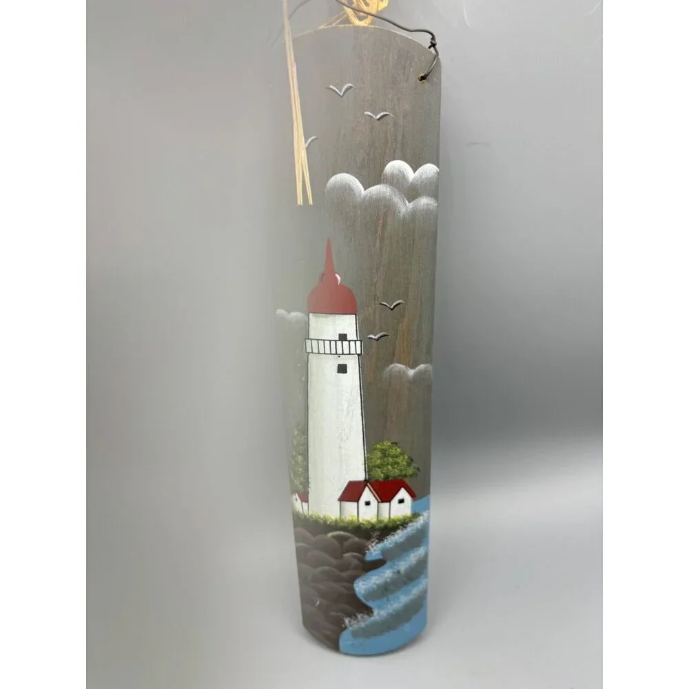 Hand Painted Wooden Lighthouse Coastal Wall Decor With Seagulls & Beach‎ Scene
